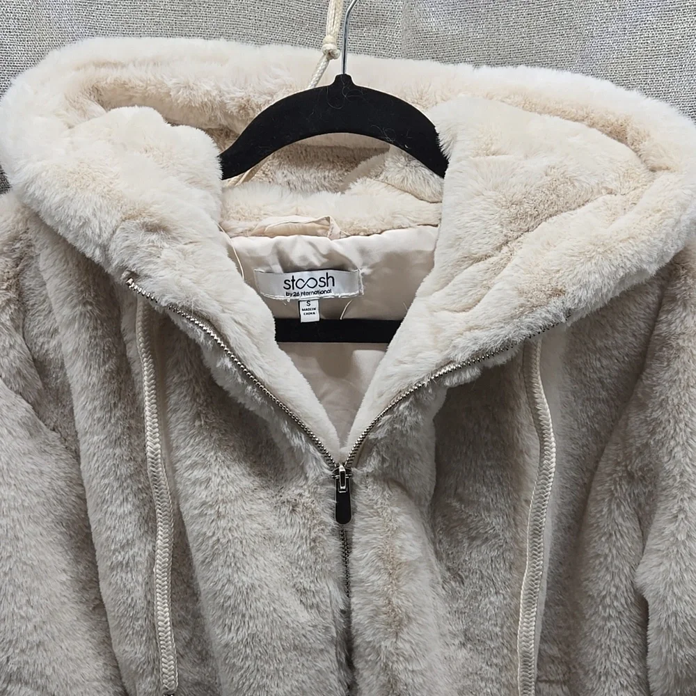 Cropped Hooded Jacket, Stoosh, Small, Faux Fur, Pockets, Elastic Waist, Zip Up